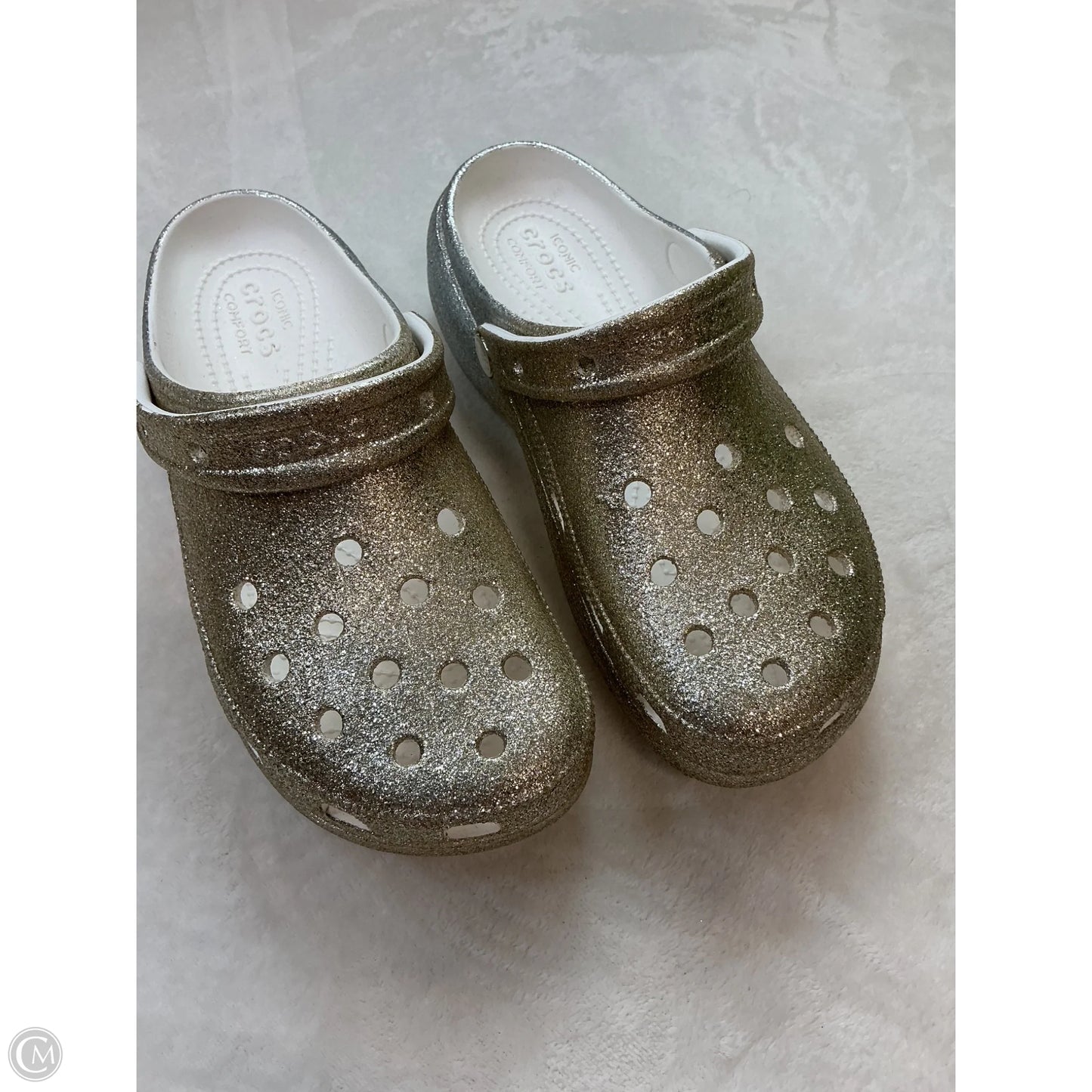 Shoes Heels Platform By Crocs In Gold & Silver, Size: 9