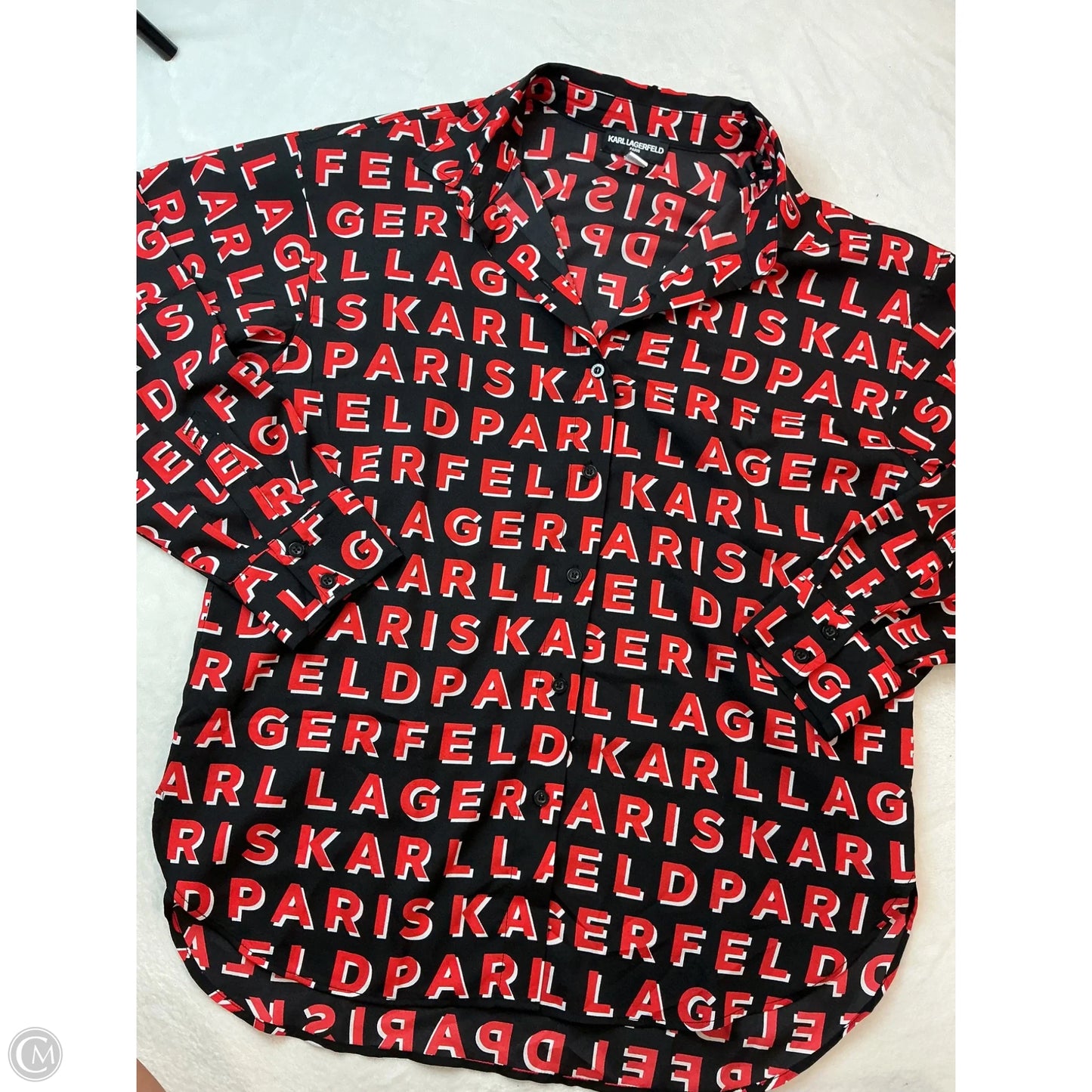 Top Long Sleeve Designer By Karl Lagerfeld In Black & Red, Size: M