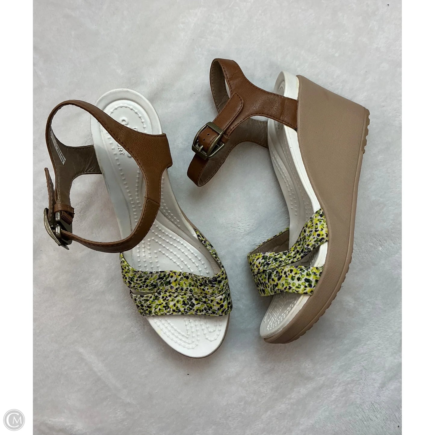 Sandals Heels Wedge By Crocs In Tan & Yellow, Size: 6