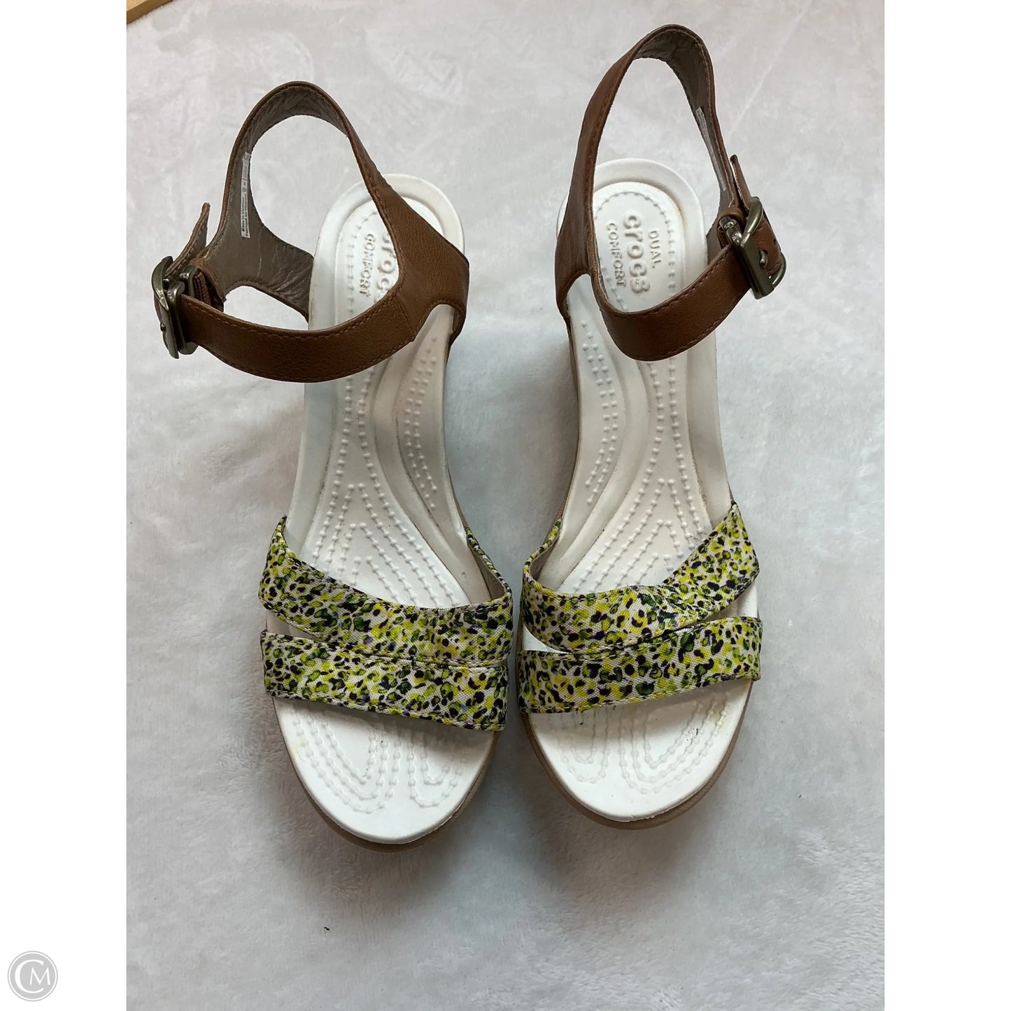 Sandals Heels Wedge By Crocs In Tan & Yellow, Size: 6