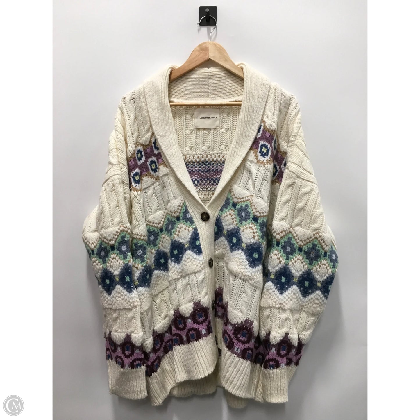 Sweater Cardigan By Lucky Brand In Cream & Purple, Size: Xl