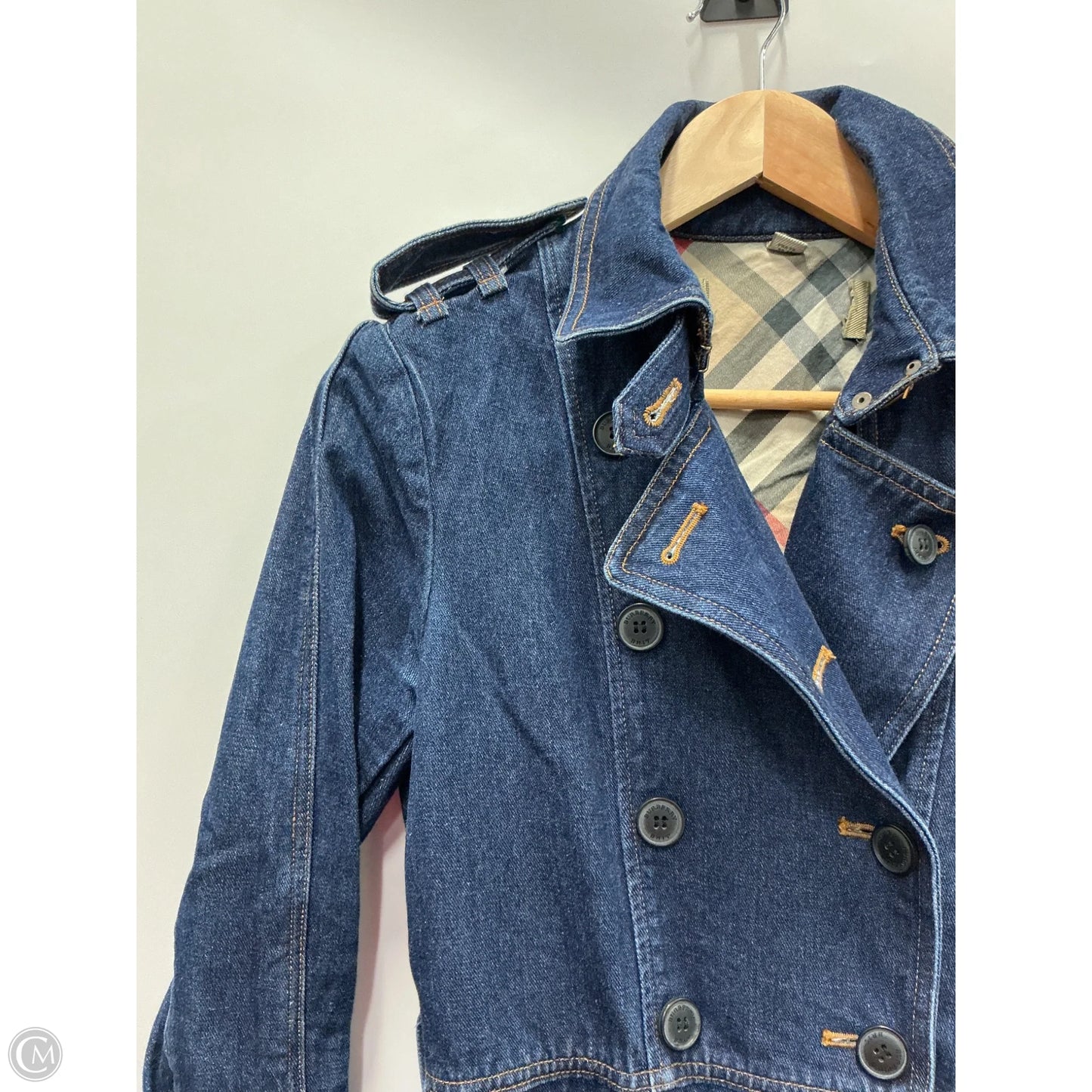 Coat Luxury Designer By Burberry In Blue Denim, Size: M