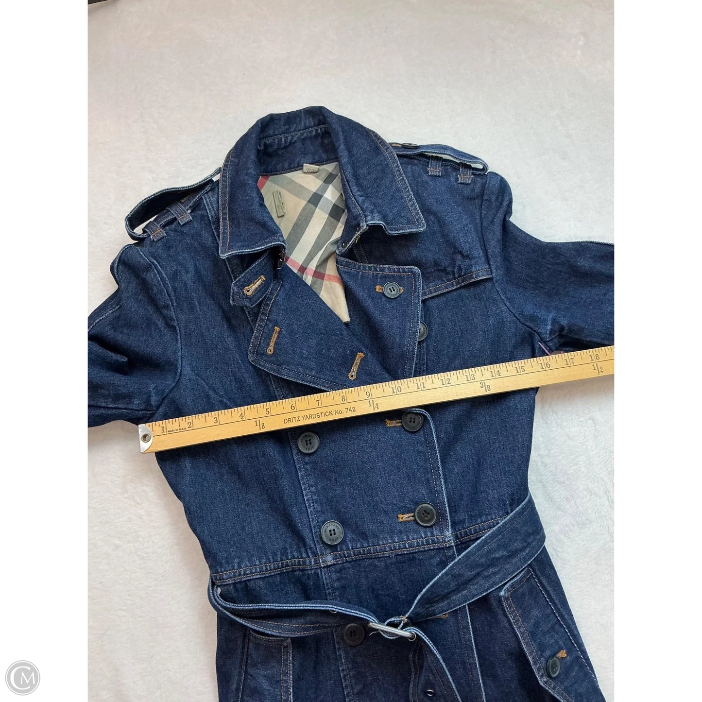 Coat Luxury Designer By Burberry In Blue Denim, Size: M